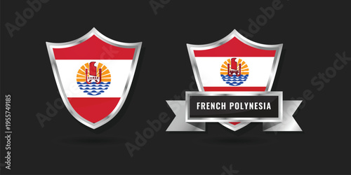 Professional glossy silver shield and banner emblem featuring the flag of French Polynesia, ideal for Pacific travel and Tahitian island branding.