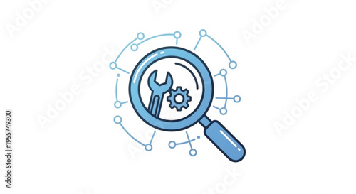 Maintenance and repair concept with wrench and gear in magnifying glass on white background with network connections