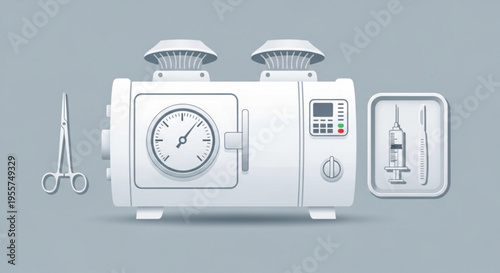 Medical sterilization equipment with surgical tools on a clean surface for hospital use and infection control