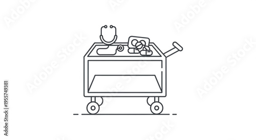 Medical cart with stethoscope and tools on wheels in a hospital setting for healthcare professionals
