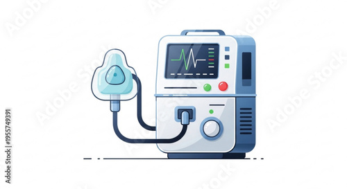 Defibrillator machine with electrode for emergency medical treatment and heart rhythm analysis on screen