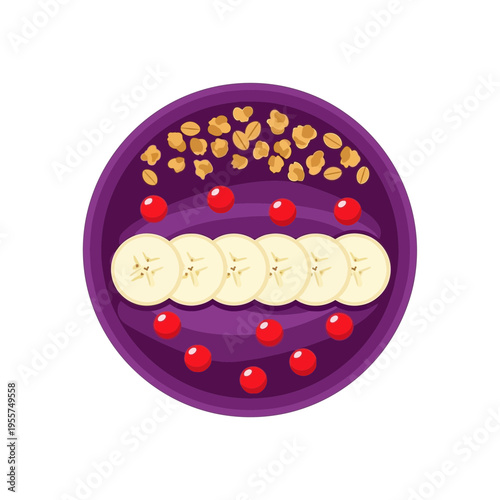 A purple bowl of fruit and nuts.