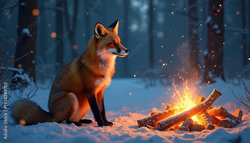 Fototapeta premium Red fox sits near campfire in snowy forest. Wild animal warms paws, enjoys glowing flames, night outdoor scene. Cold winter woodland, sparks fly, magical atmosphere.