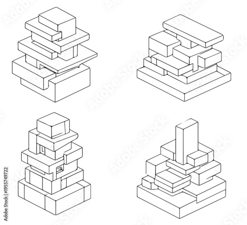 Abstract 3D isometric architectural blocks and geometric stacked structures set, minimalist futuristic urban building sketches in line art style.