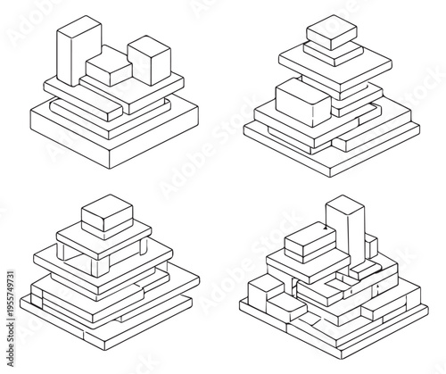 Abstract 3D isometric architectural stacked blocks and geometric urban structures set, minimalist futuristic building sketches in clean line art style.
