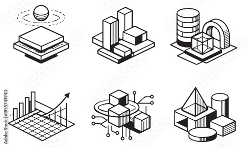 Abstract 3D isometric technology and business data icons set, futuristic geometric shapes with growth charts and circuit elements in line art style.