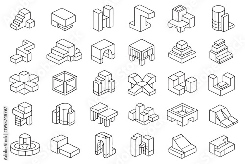 Mega collection of abstract 3D architectural icons and geometric parametric shapes set, futuristic minimalist building elements and industrial mechanism sketches.