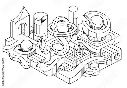 Abstract 3D isometric architectural composition with organic flowing shapes and geometric elements, futuristic structural design sketch in clean line art style.