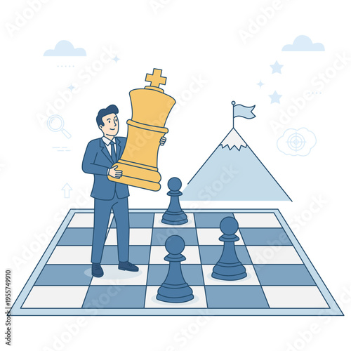 Business strategy and leadership concept. Businessman holding big golden king chess piece on chessboard. Planning tactics, competition and achievement to reach mountain top target. Flat line vector.