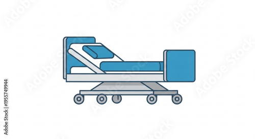 Hospital bed on wheels with blue cushion and pillow in medical setting for healthcare and recovery