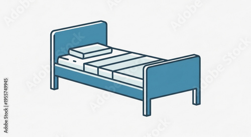 Simple blue bed with white mattress and pillows in a minimalist setting for interior design or furniture concepts