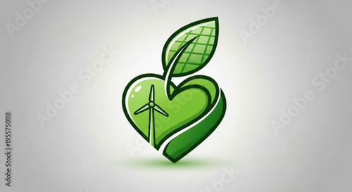 Eco friendly heart symbol with wind turbine and green leaves on gray background representing sustainable energy and environmental conservation