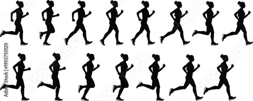 Female running silhouette, motion sequence, athletic stride phases, human biomechanics, sports training, sprint posture, exercise movement, fitness, dynamic runner, speed