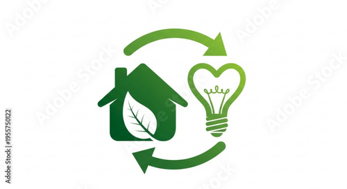 Eco friendly home with green leaf and heart shaped light bulb in recycling cycle for sustainable living