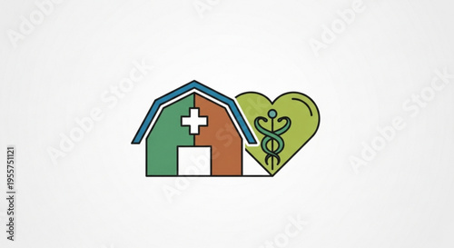 Veterinary clinic logo with green heart and medical symbol animal hospital sign with cross on roof