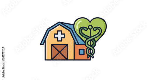 Veterinary clinic building with green heart symbol for animal care and health services