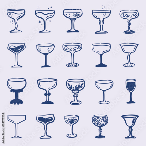 Collection of hand-drawn abstract glasses in a playful doodle style. Includes various cocktail and wine shapes. Suitable for bar themes, prints, and visual content.