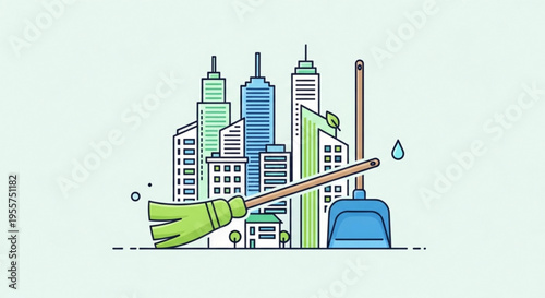 City cleaning concept with broom and dustpan in front of urban skyline with tall buildings