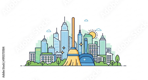 Cityscape with broom and dustpan cleaning urban landscape morning