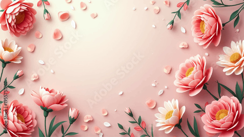 Pink flowers border with petals on soft background floral design element for decoration
