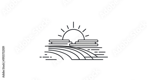 Sunrise over fields line art