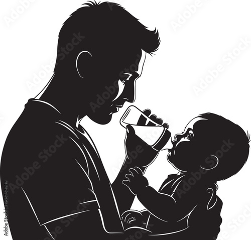 Silhouette of a caring father bottle feeding his infant baby, representing paternity leave and nurturing.