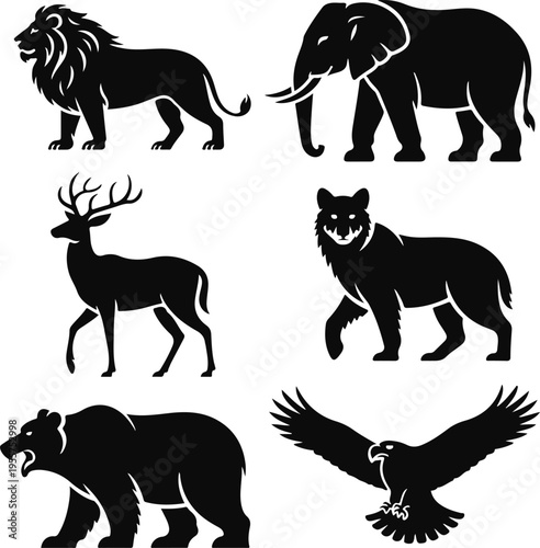 Wildlife Animal Silhouette Vector Set – Minimalist Lion, Elephant, Eagle, Bear, Wolf, and Deer Icons for Logo Design and Branding