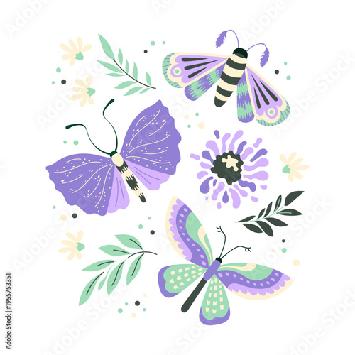 Elegant greeting card with butterflies, flowers and botanical elements Hand drawn decorative composition and stylish design Vector illustration for invitations, holiday cards, posters and print, decor