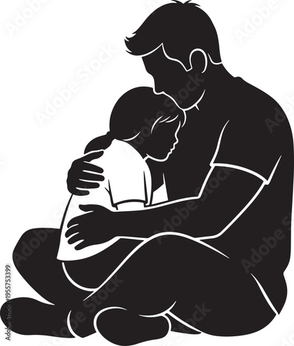 Father comforting his young daughter with a warm hug silhouette, providing emotional support and love.