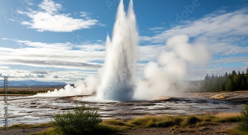 Powerful Geyser Eruption in Icelandic Geothermal Landscape Under Blue Sky
