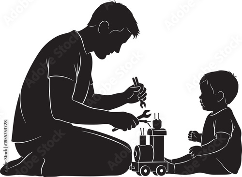 Silhouette of a father and young son playing with a toy train on the floor, sharing a fun childhood moment.