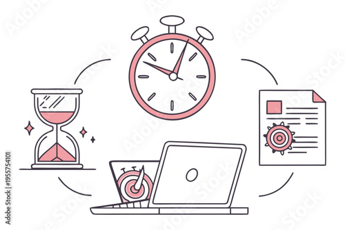 remote productivity habit icons set, laptop focus session timer, daily workflow tools, minimal vector icons