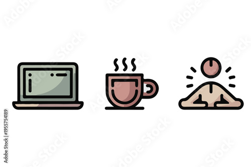 remote work coffee break icons set, laptop and coffee cup, work pause timer, casual freelancer routine, minimal vector icons