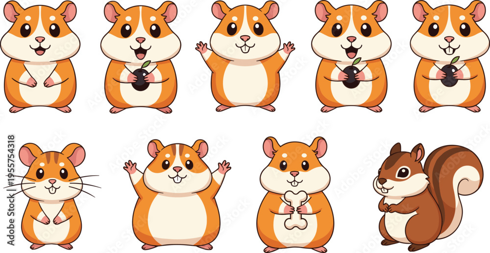 Obraz premium Cute Hamster Cartoon Character Vector Set with Adorable Pet Rodent Poses for Kids Illustration, Nursery Decor, Sticker Designs, Children Learning Materials, and Animal Mascot Graphics