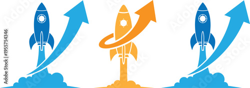 Three rockets launching upwards with dynamic arrows