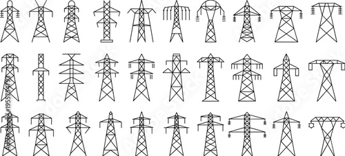 Electric power transmission tower icon set, electricity pylon vector collection, energy grid symbols, high voltage line illustration, infrastructure graphic
