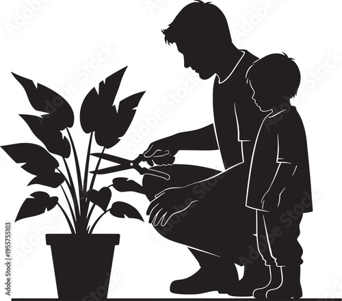 Father and son pruning a potted plant together, a moment of shared care and learning about gardening.