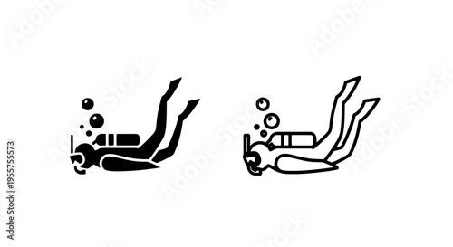 Scuba diver icon with tank, black and white vector for marine life exploration