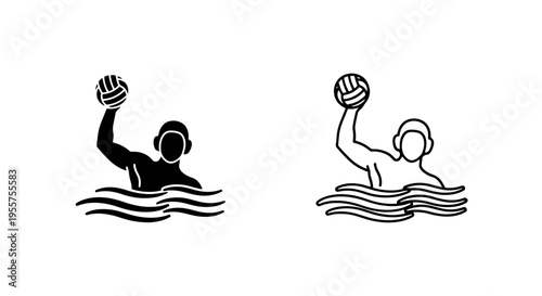 Water polo player icon with ball and waves, black and white vector illustration