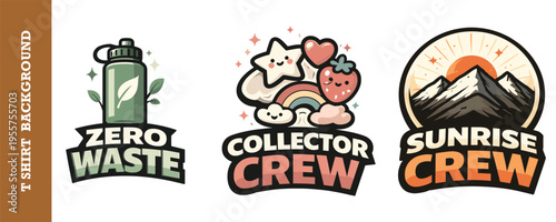 Colorful and creative t shirt logo designs featuring ecofriendly zero waste nature and cute collectible icons with sunrise crew themes