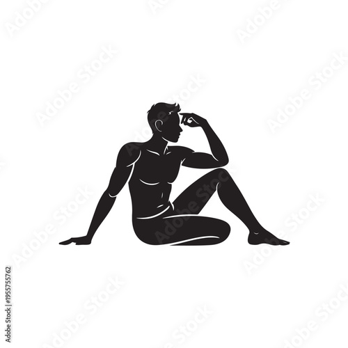 Masculine male silhouette sitting on floor resting with thoughtful pose showcasing athletic physique and artistic anatomy on white canvas