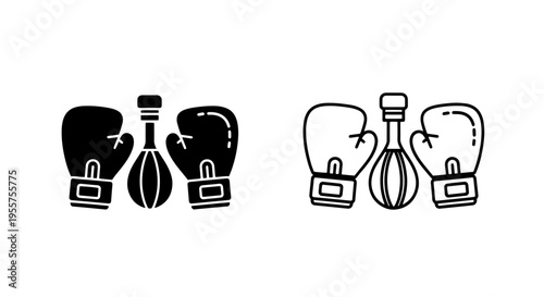 Boxing gloves and punching bag icon set, two styles: solid and outline