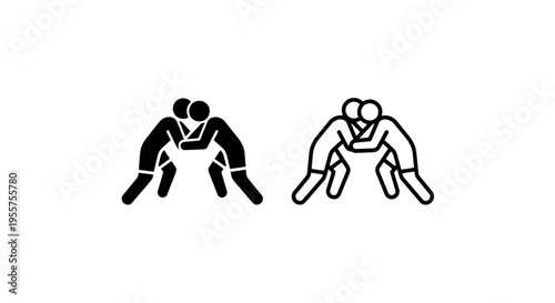 Wrestling icon set, two styles: solid and outline, showing grappling match