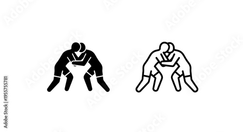 Wrestling icon set, two styles: solid and outline, depicting grappling