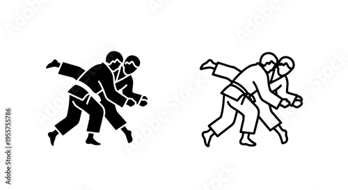 Judo fighters icon, two athletes in martial arts combat, silhouette and outline