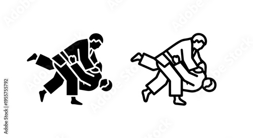Two judo athletes in dynamic throw move, silhouette and line art graphic, martial arts