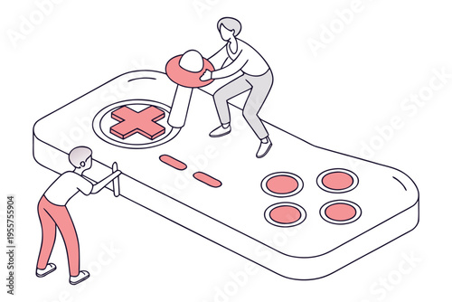 tiny people controlling giant joystick illustration set, gaming and technology concept