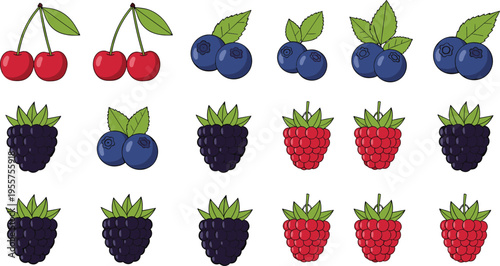 Berry fruits icons set with cherries blueberries blackberries and raspberries colorful fresh food cartoon vector illustration collection