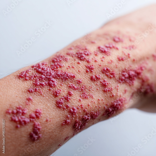 Severe Red Skin Rash on Human Arm – Close-Up of Allergic Reaction or Dermatitis, Medical Condition Isolated on White Background
