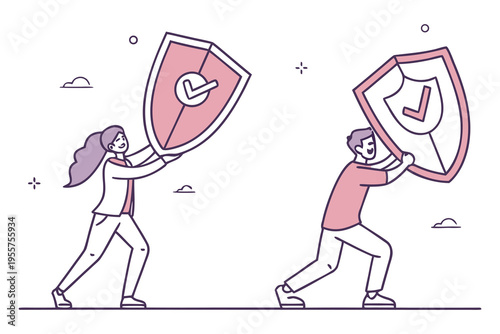 tiny people holding giant shield illustration set, cybersecurity protection concept, minimal vector illustration.